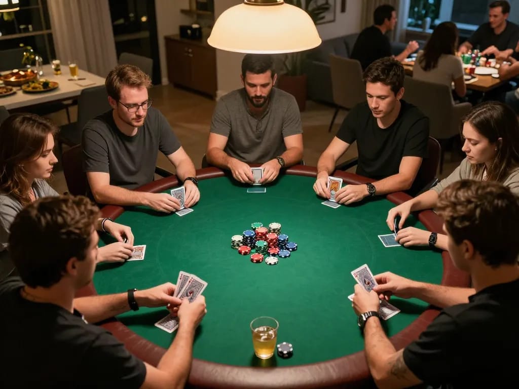 MM88br players enjoying a poker night, highlighting competitive spirit and social interaction around a green felt table