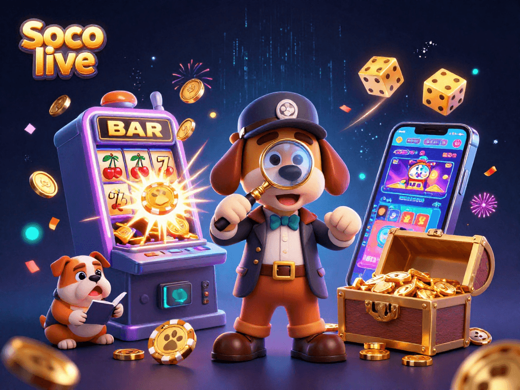 Soco live brings exciting gameplay with a detective bloodhound examining poker clues amidst slot machines and golden treasures.
