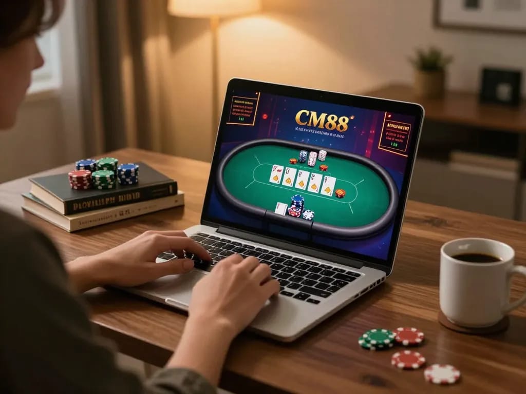 Player engaged in CM88 online poker setup at home, showcasing strategic gameplay.