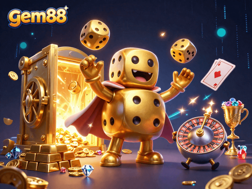 Experience gem88's thrilling gameplay with a dynamic illustration showcasing vibrant casino elements.