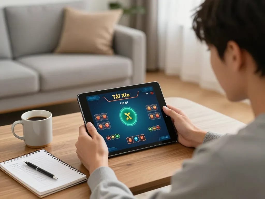Tài Xỉu Online gaming session shown on tablet in warm home setting with strategic notes.