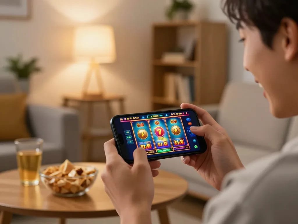 Play exciting slots with jus77 on a smartphone during a cozy home gaming night.