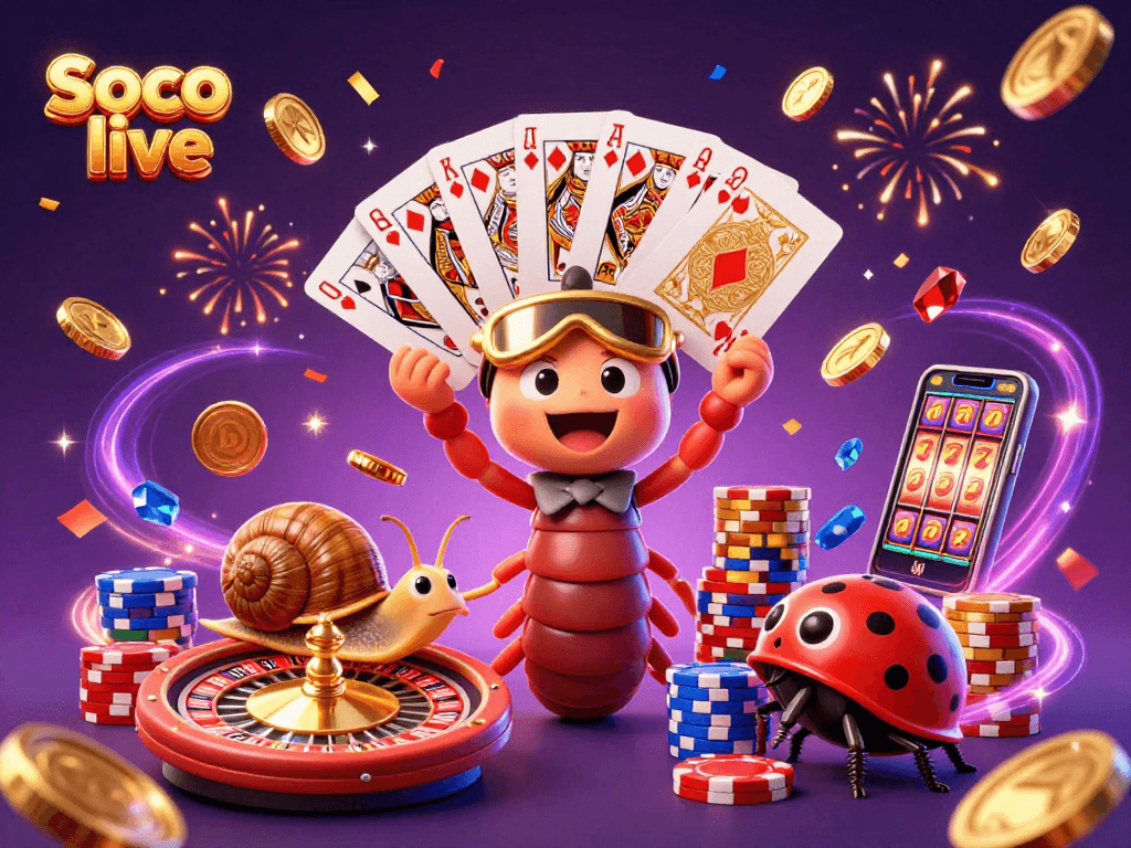 Soco live engaging in a vibrant casino scene with animated characters and gaming elements.