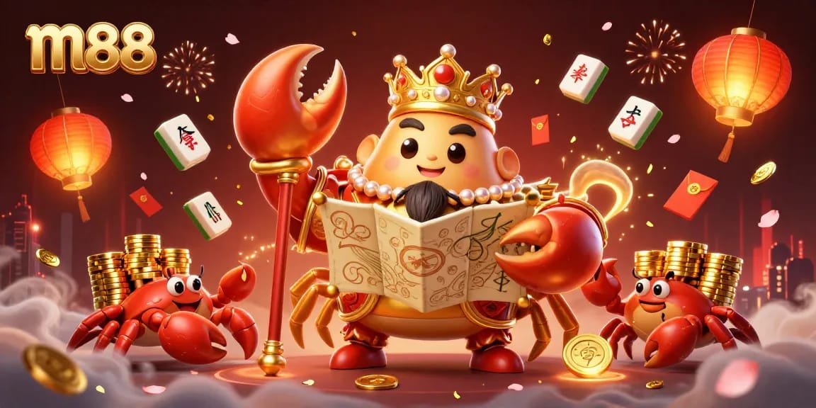 Experience the thrill of m88 with gameplay elements featuring a golden crab emperor and vibrant casino icons.