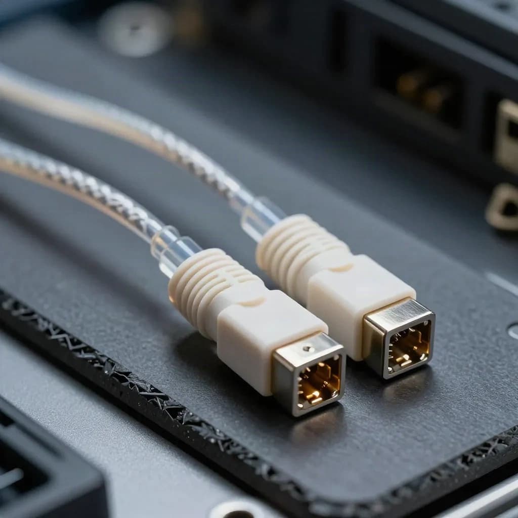 Makro kabelů, transceiveru a diskového nosiče na tmavém servisním povrchu.