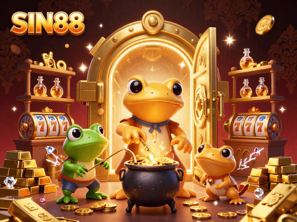 SIN88 showcases a vibrant casino scene with a golden salamander alchemist and treasures.