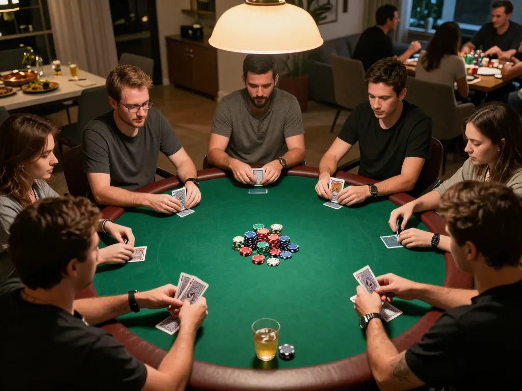 MM88br players enjoying a poker night, highlighting competitive spirit and social interaction around a green felt table
