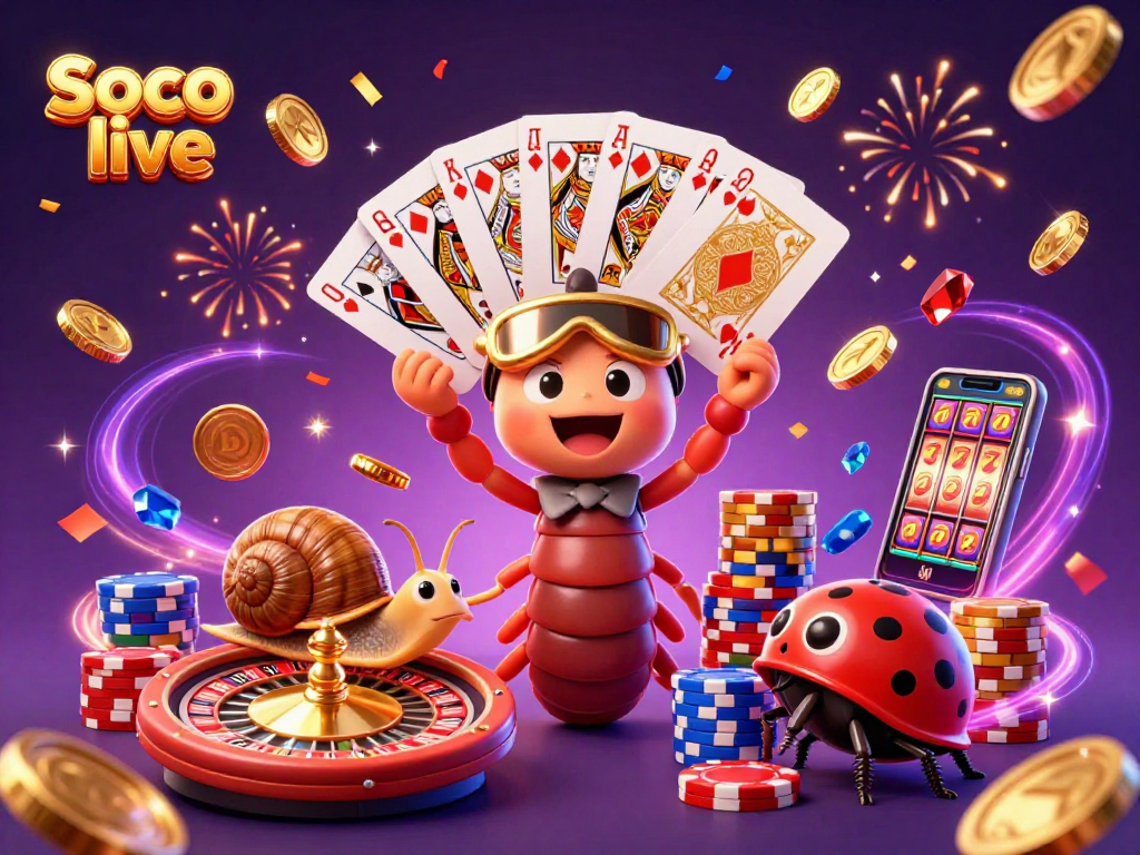 Soco live engaging in a vibrant casino scene with animated characters and gaming elements.