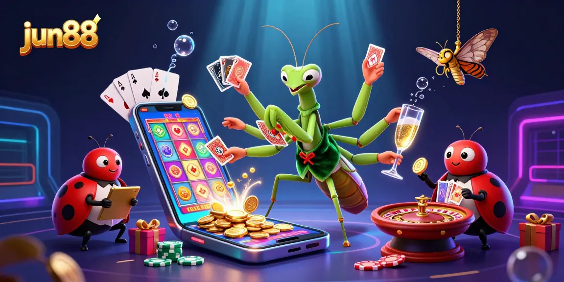 Experience the excitement of jun88 with a stunning 3D casino scene featuring a vibrant praying mantis and ladybug characters.