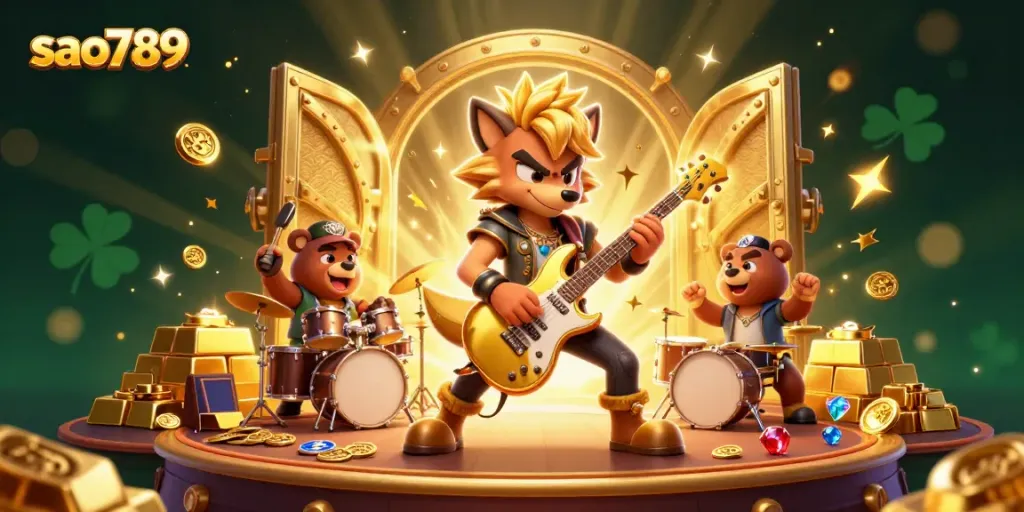 Sao789's energetic casino stage featuring a rock star wolf and drummer bear amidst treasures