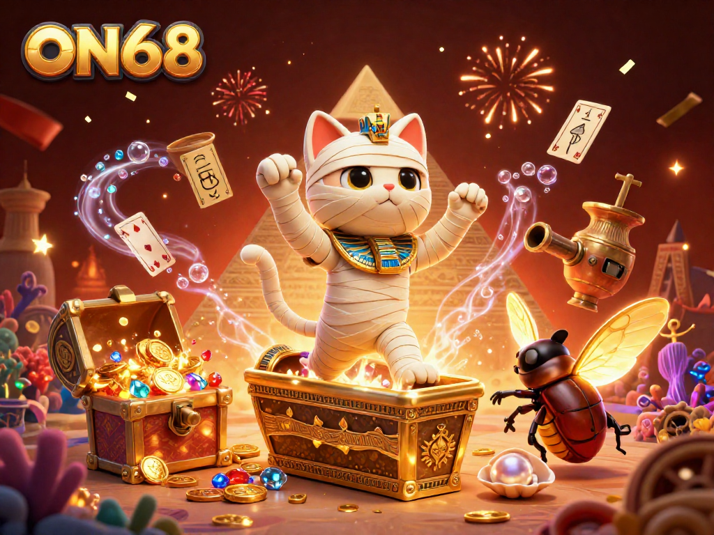 Join the excitement at ON68, featuring a mummy cat, glowing scarab, and ancient cards bursting from a golden sarcophagus.