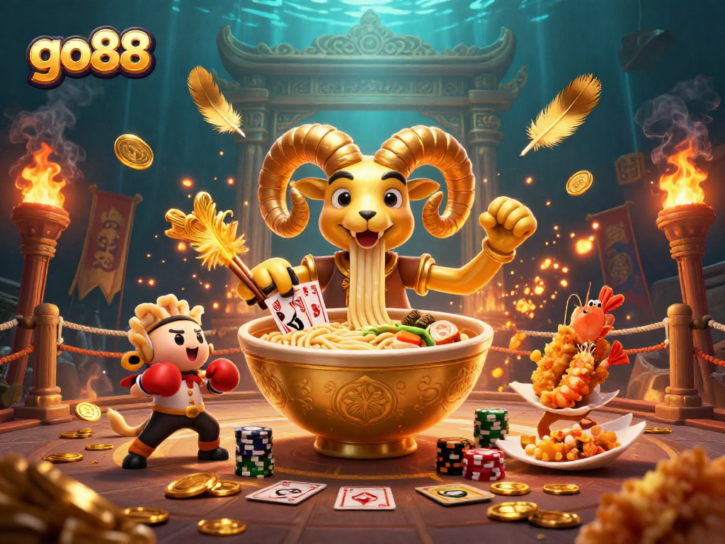 Spin cards and stack chips with go88's bold ramen bowl character in a lively casino setting