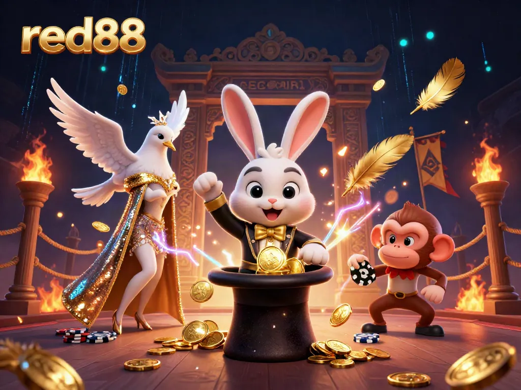Experience thrilling wins at red88 with a magical 3D scene of vibrant casino action featuring a magician rabbit and playful characters.