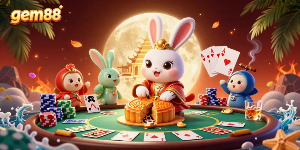 Experience top-tier gaming at gem88 with a vibrant lunar casino scene showcasing poker chips.