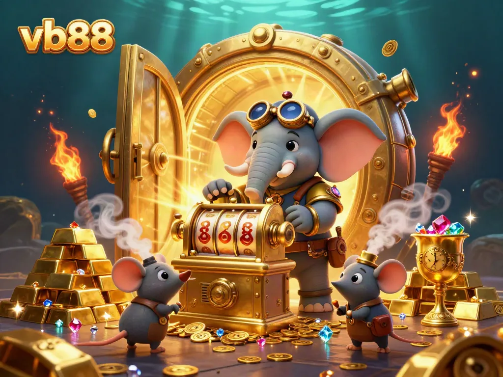 Win big with vb88 in an exciting casino adventure featuring a steampunk elephant operating a golden slot machine.