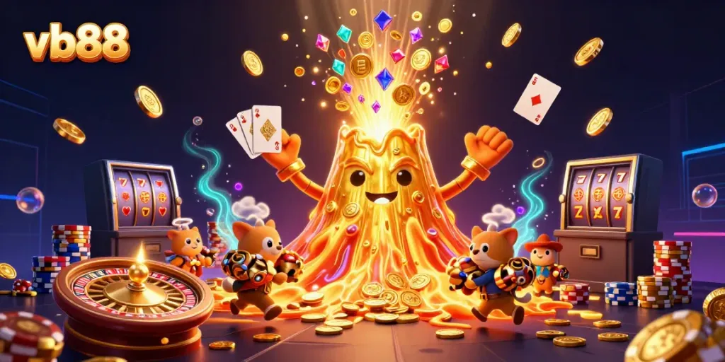 Experience excitement with vb88 as wealth pours from a golden volcano, showcasing thrilling games and treasures.
