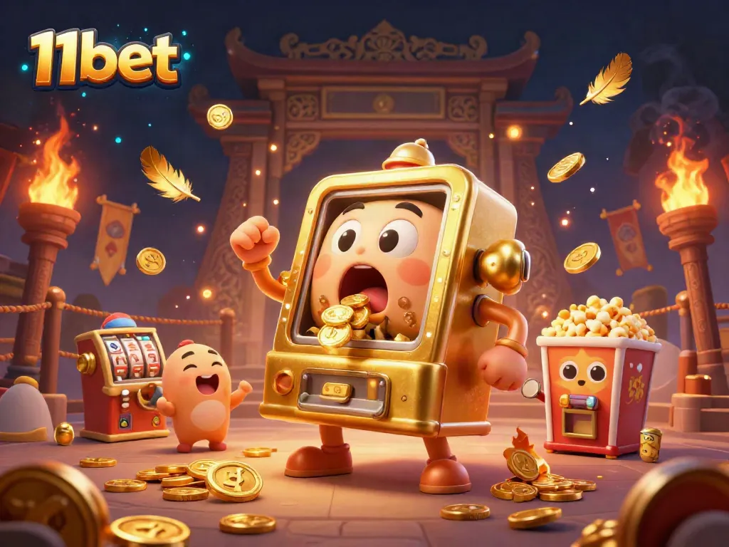 Witness the excitement of winning at 11bet with a golden slot machine celebrating its jackpot amidst festive casino elements.