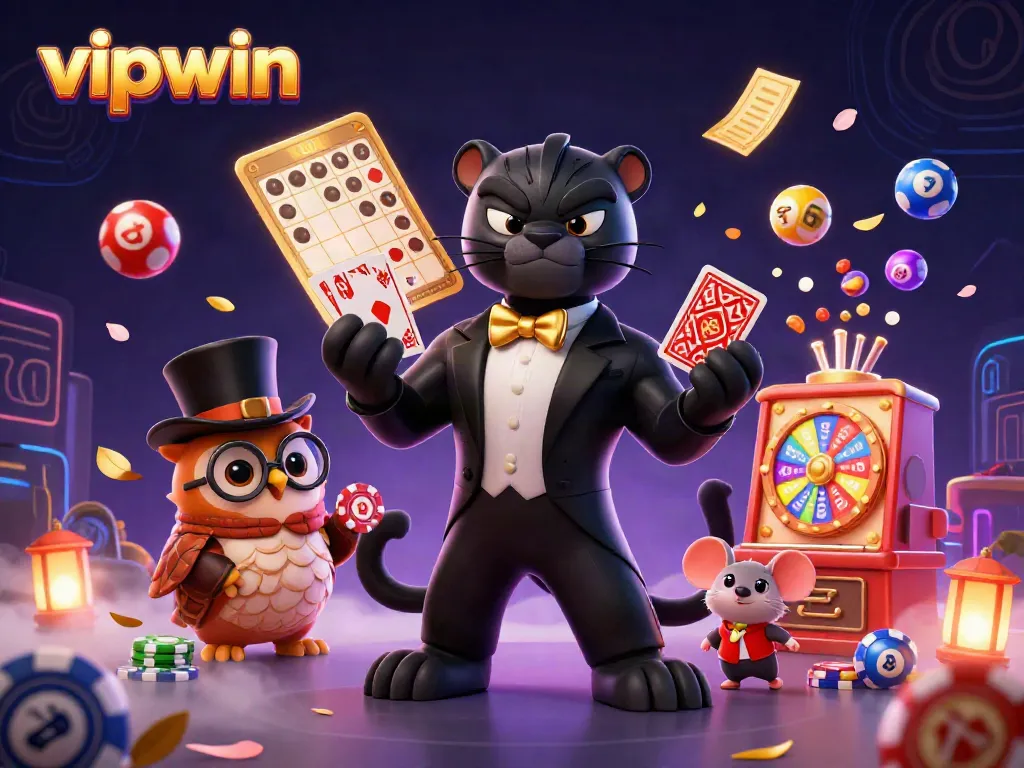Join the excitement at vipwin with a stylish black panther, cute owl, and lucky mouse in this vibrant casino scene.