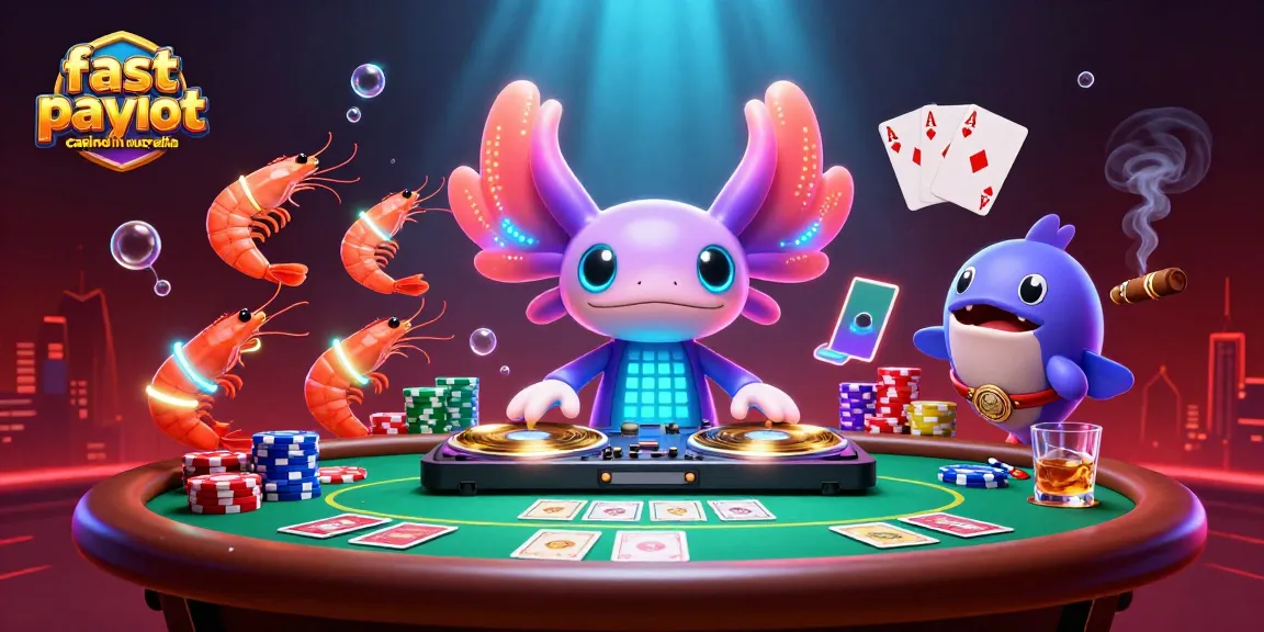 Experience fast payout casino online in Australia with vibrant neon axolotl DJ and poker elements.