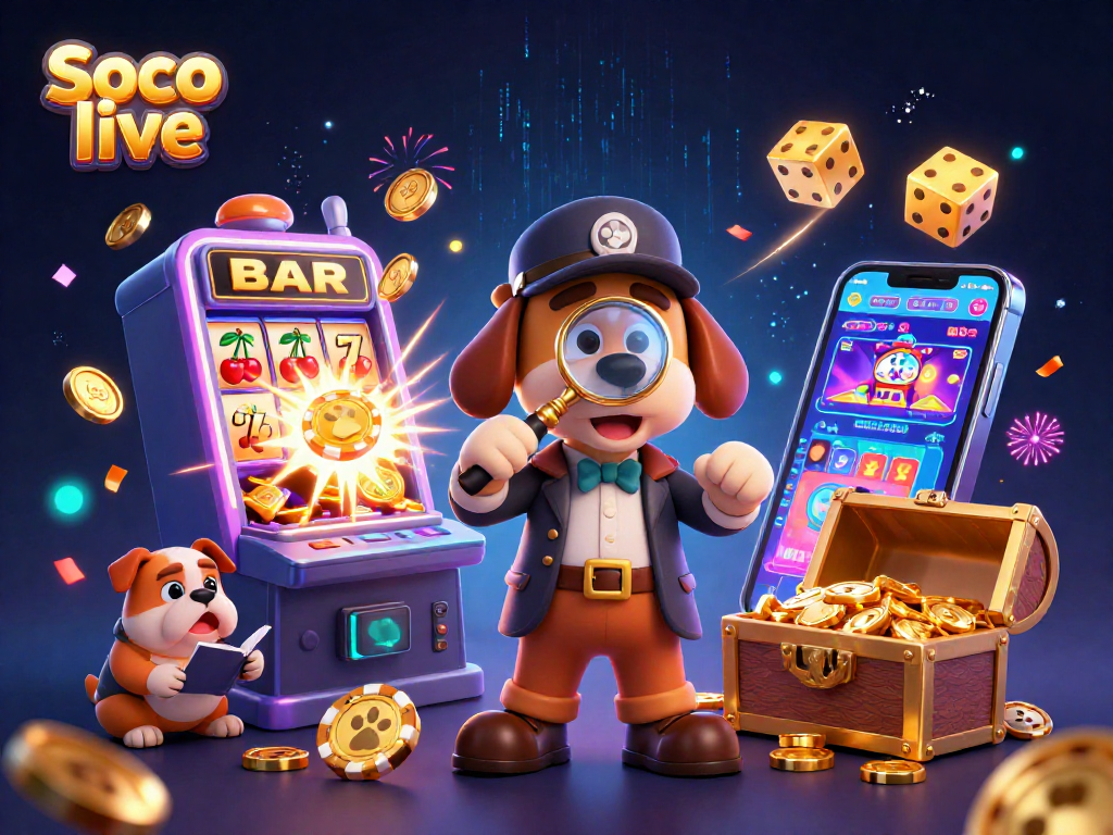 Soco live brings exciting gameplay with a detective bloodhound examining poker clues amidst slot machines and golden treasures.