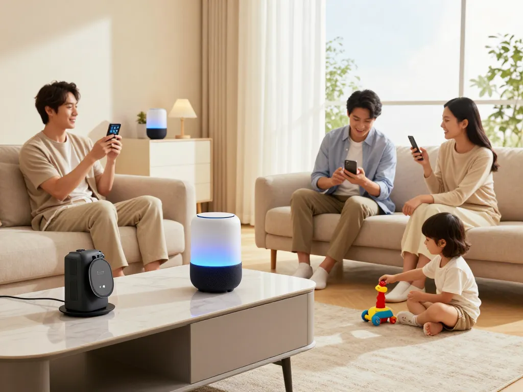 Engaging family scene with tech gadgets for home, showcasing smart speakers, lighting, and Bluetooth devices in a modern living space.