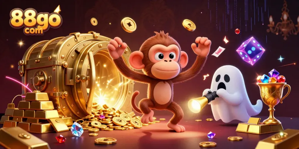 Engage in thrilling games at 88go com with a playful ghost and golden treasures in a vibrant casino.