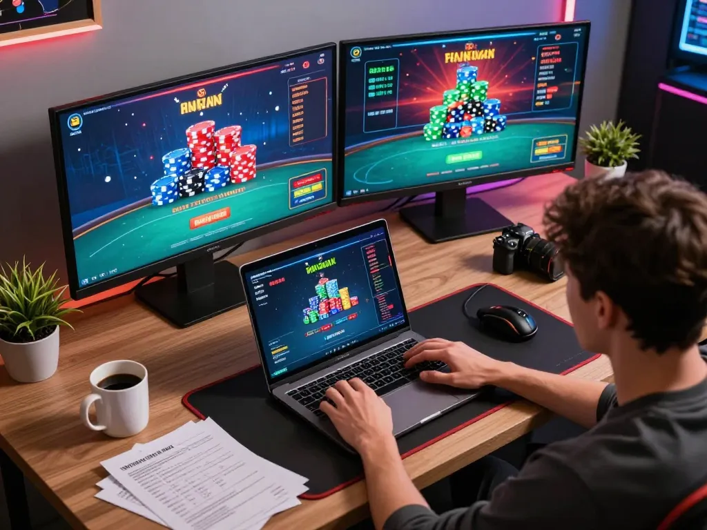 Player engaging in qq88 online casino gaming, displaying winning poker hands and strategic notes on a laptop.