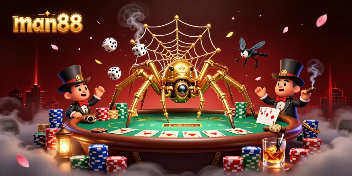 Experience the thrill of man88 where a golden spider weaves luck into poker games.