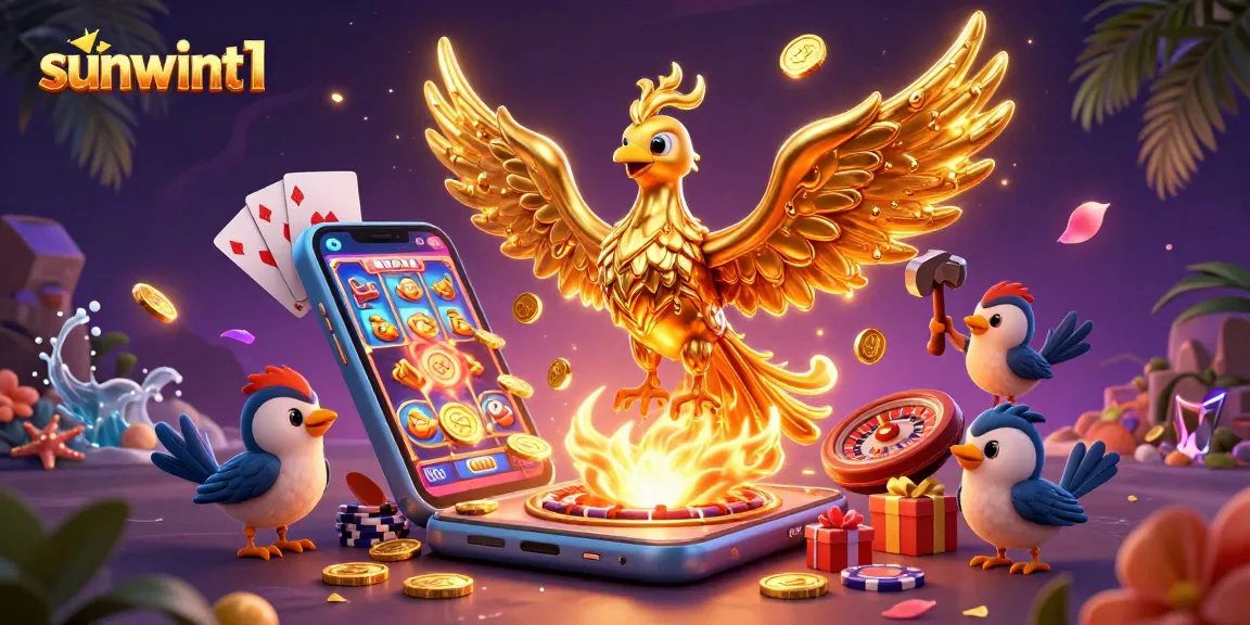 Experience the thrill of slots with sunwint1, featuring a golden phoenix and colorful gaming elements.