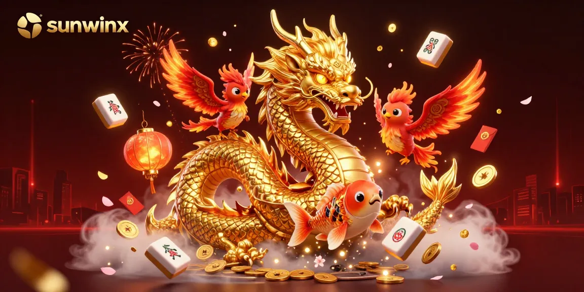 Experience sunwinx through a vibrant 3D casino scene featuring a golden dragon, phoenix, and koi fish.