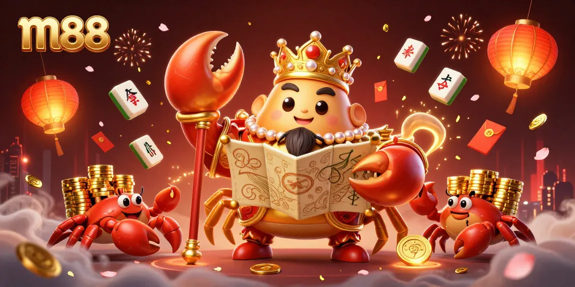 Experience the thrill of m88 with gameplay elements featuring a golden crab emperor and vibrant casino icons.