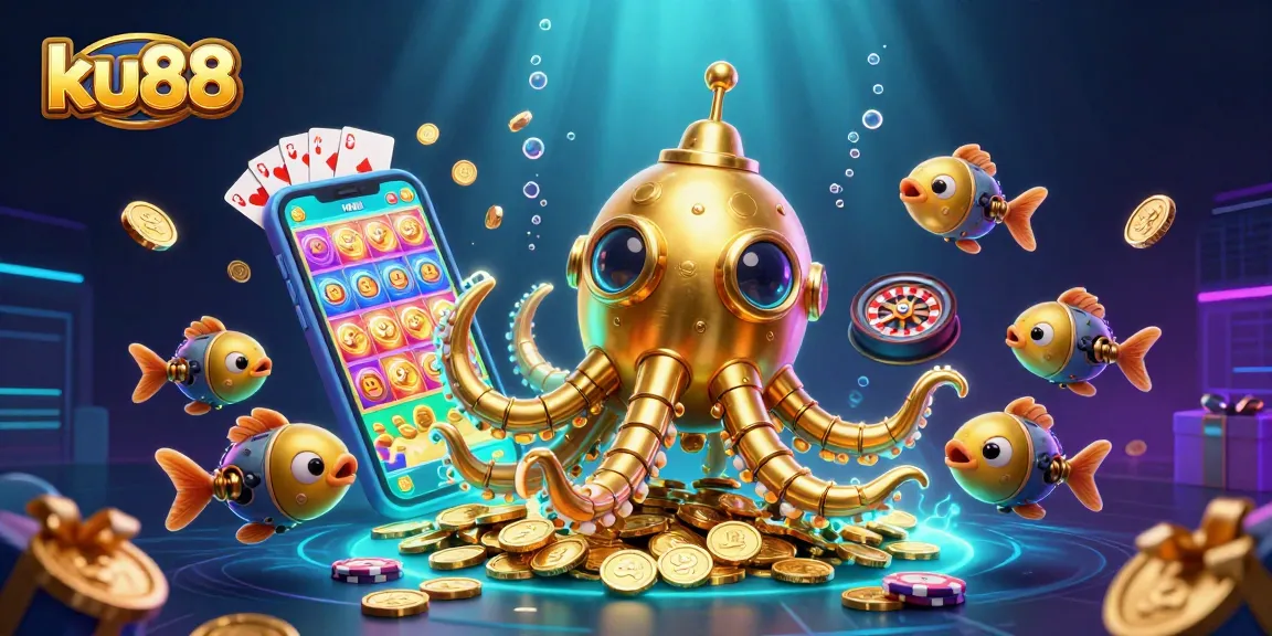 Play vibrant slot games with ku88, featuring a kraken submarine amidst golden treasures.