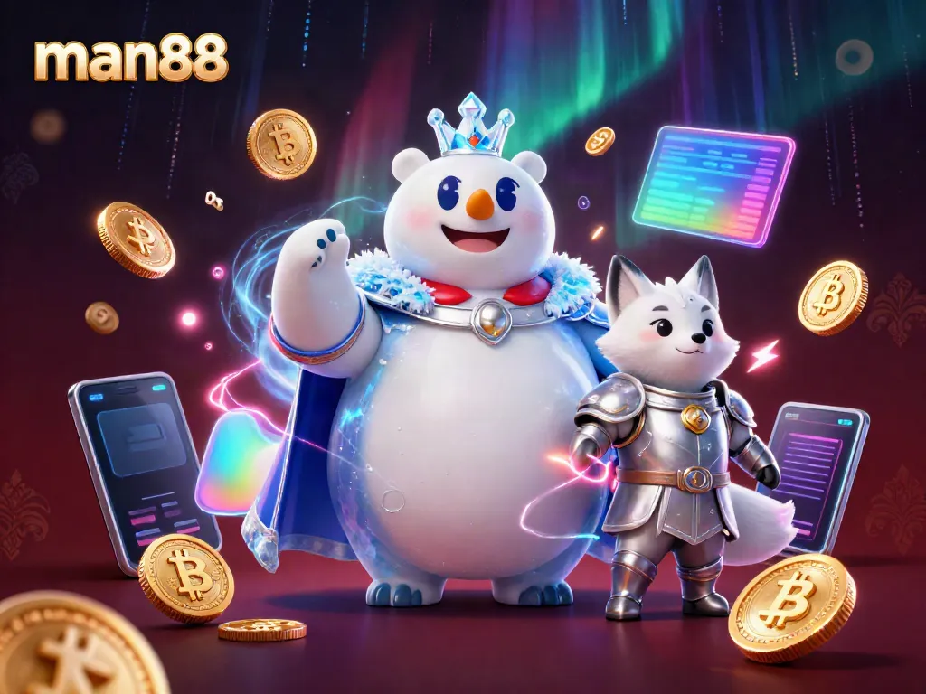 Engage with man88 in a vibrant 3D digital casino scene featuring rich gaming elements and animated characters.