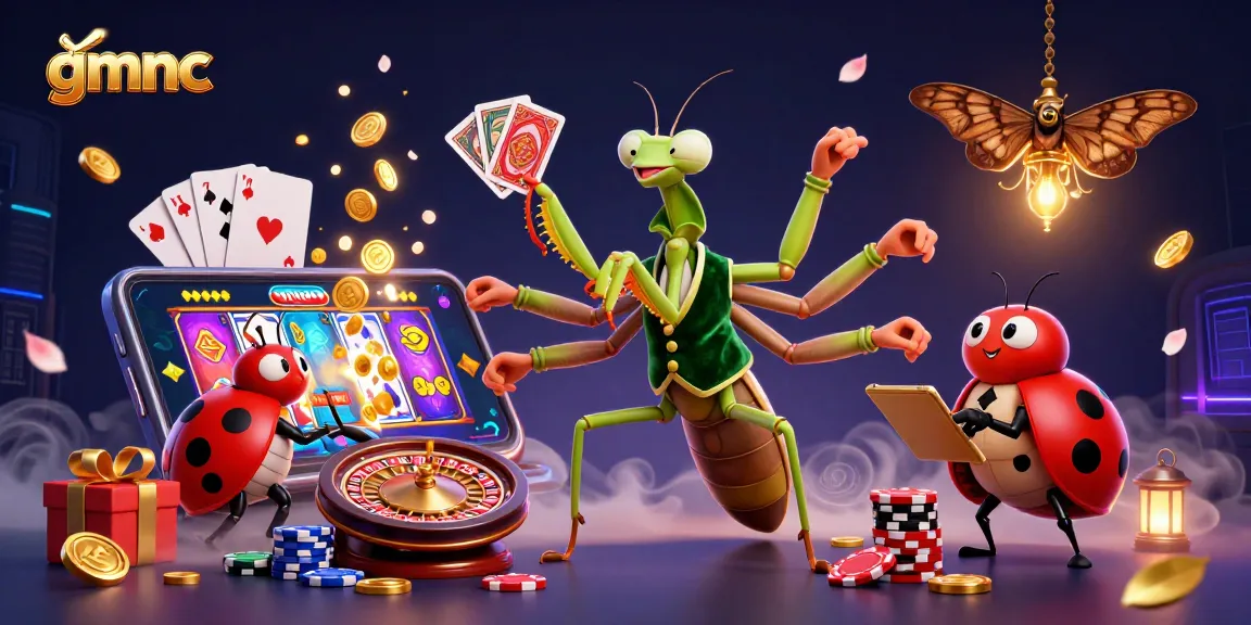 Experience the excitement of gmnc with vibrant casino elements featuring a giant mantis and ladybug.