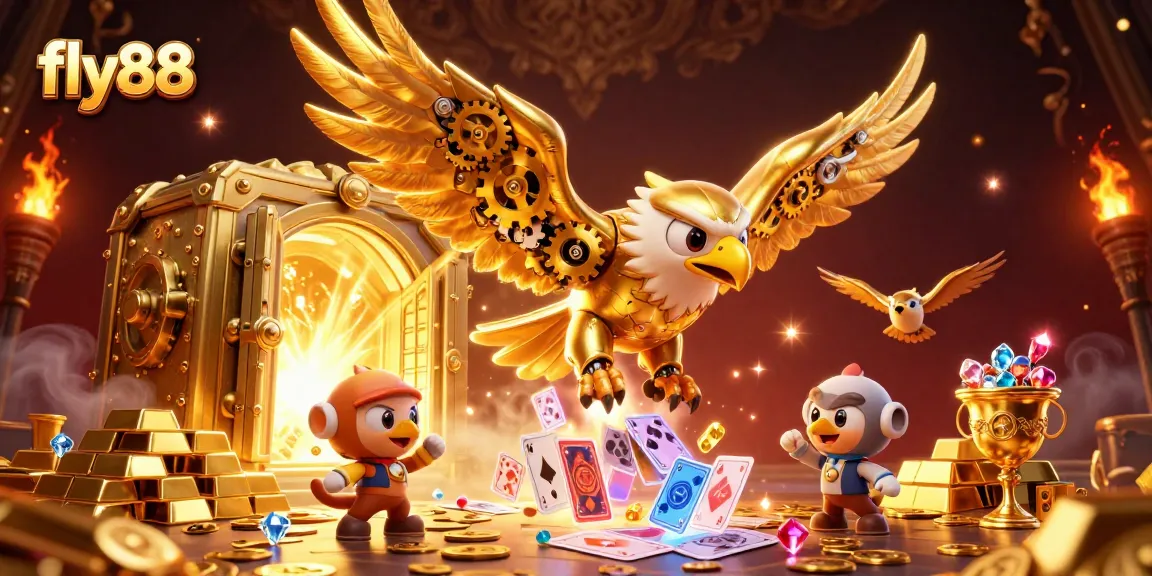 Experience the thrill of fly88 with a dynamic 3D illustration featuring a golden eagle amidst treasure and holographic cards.