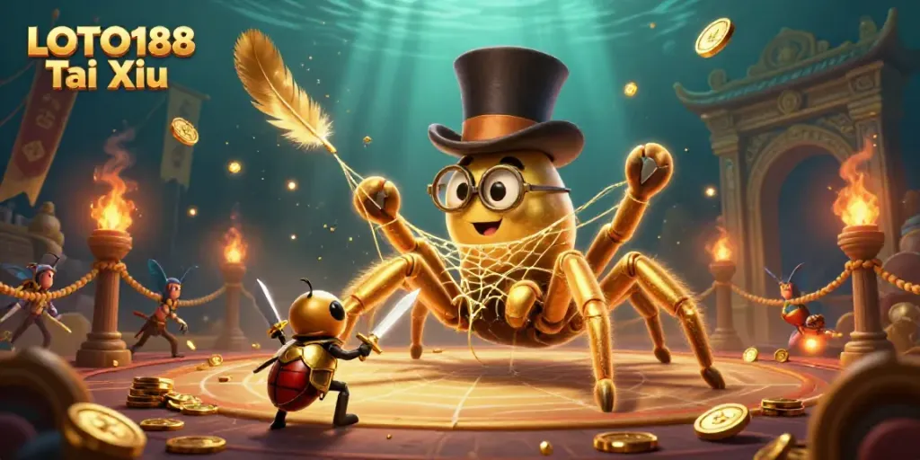 Experience the excitement of LOTO188 Tai Xiu through an engaging 3D illustration showcasing a golden tarantula and beetle knight in a vibrant casino.