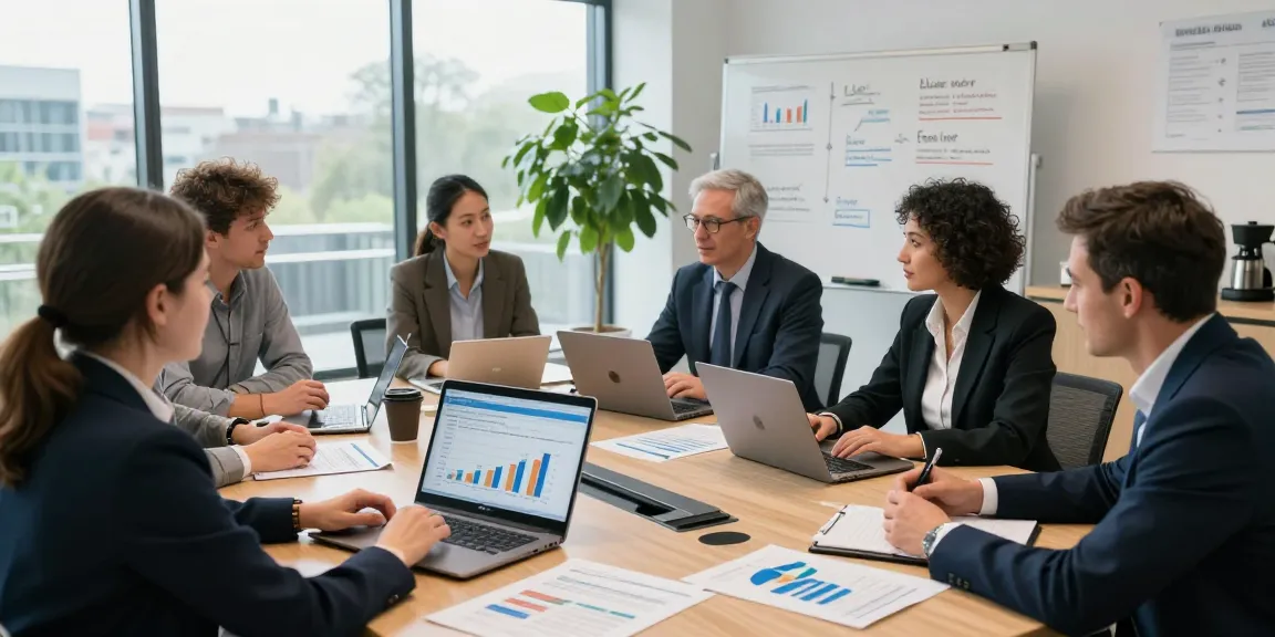 The team analyzing the uk electricity price per kwh 2026 trends at a modern office meeting, showcasing laptops and data visualizations.