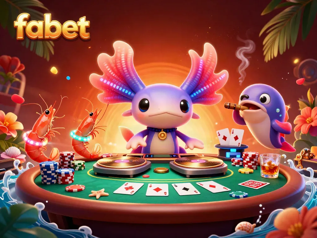 Experience vibrant action at fabet with a neon-colored axolotl DJ, poker chips, and an underwater disco vibe.
