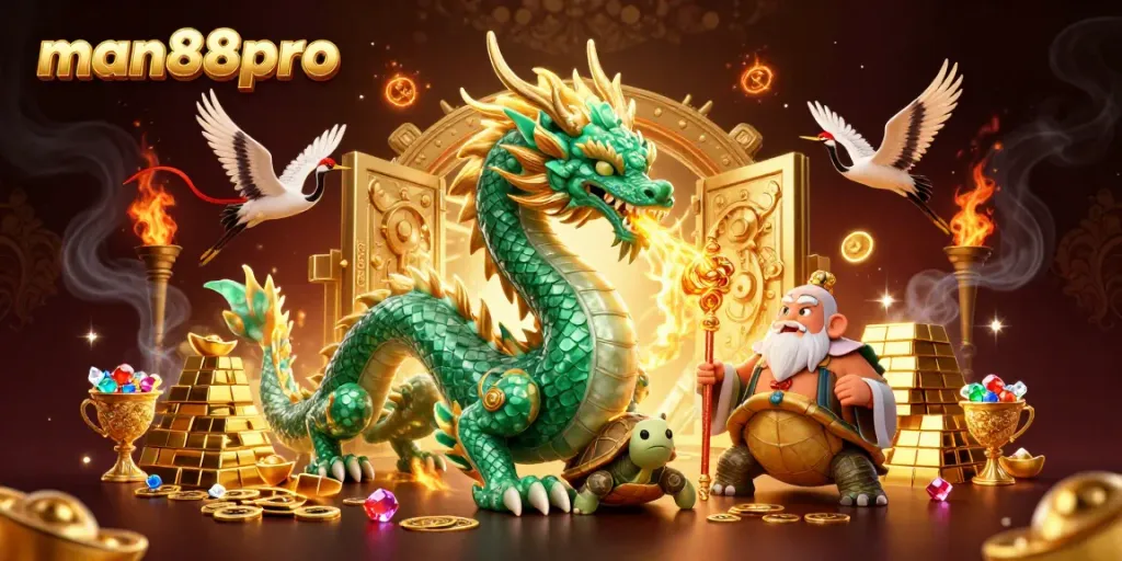 Experience the thrilling world of man88pro with dynamic casino characters amidst treasure and vibrant energy.