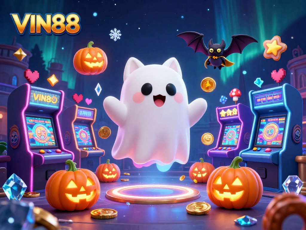 Engage with VIN88's thrilling gaming scene featuring a ghost cat and vibrant casino elements.