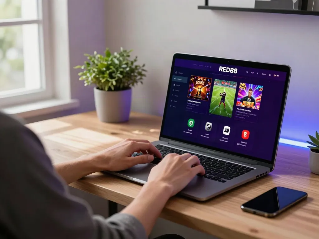 Engaged user on https://red88.limited/ betting online with laptop and smartphone in a cozy modern home office.