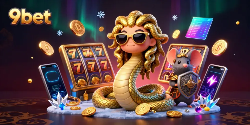 Play exciting slot games at 9bet featuring a lively Medusa and warrior mouse amid crypto-themed elements.