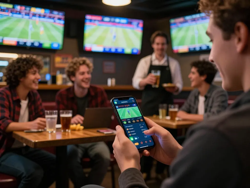 Sports enthusiast analyzing Keo nha cai odds on smartphone in vibrant sports bar.