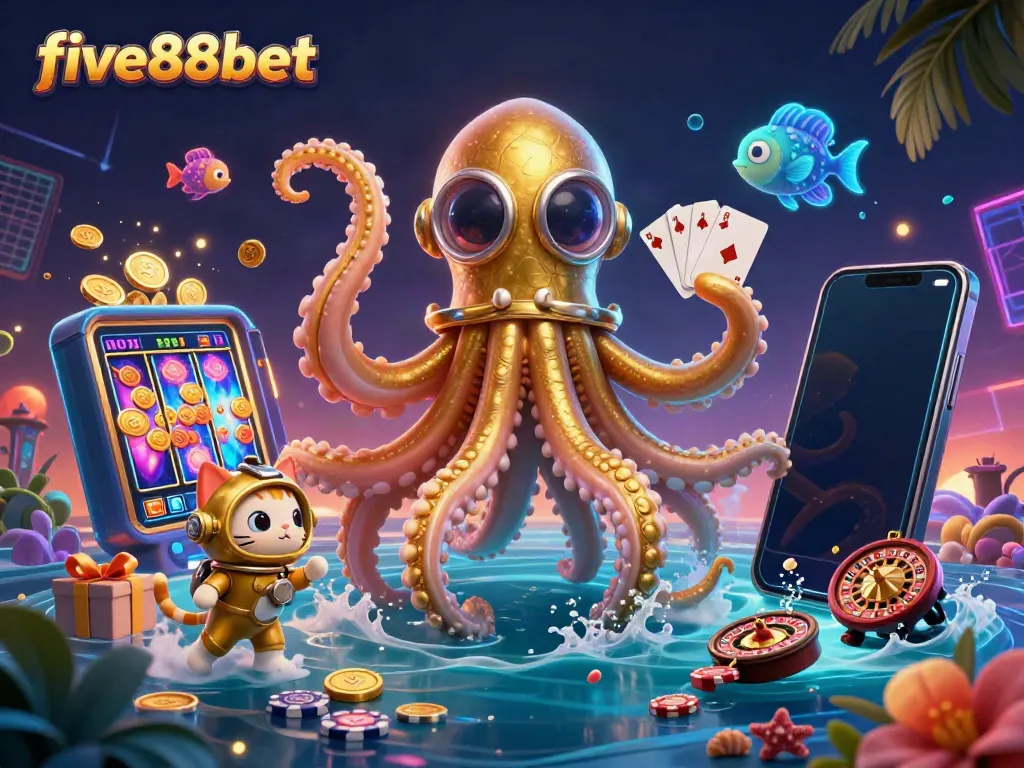 Win big at five88bet with 3D kraken and vibrant casino elements creating an exciting visual.
