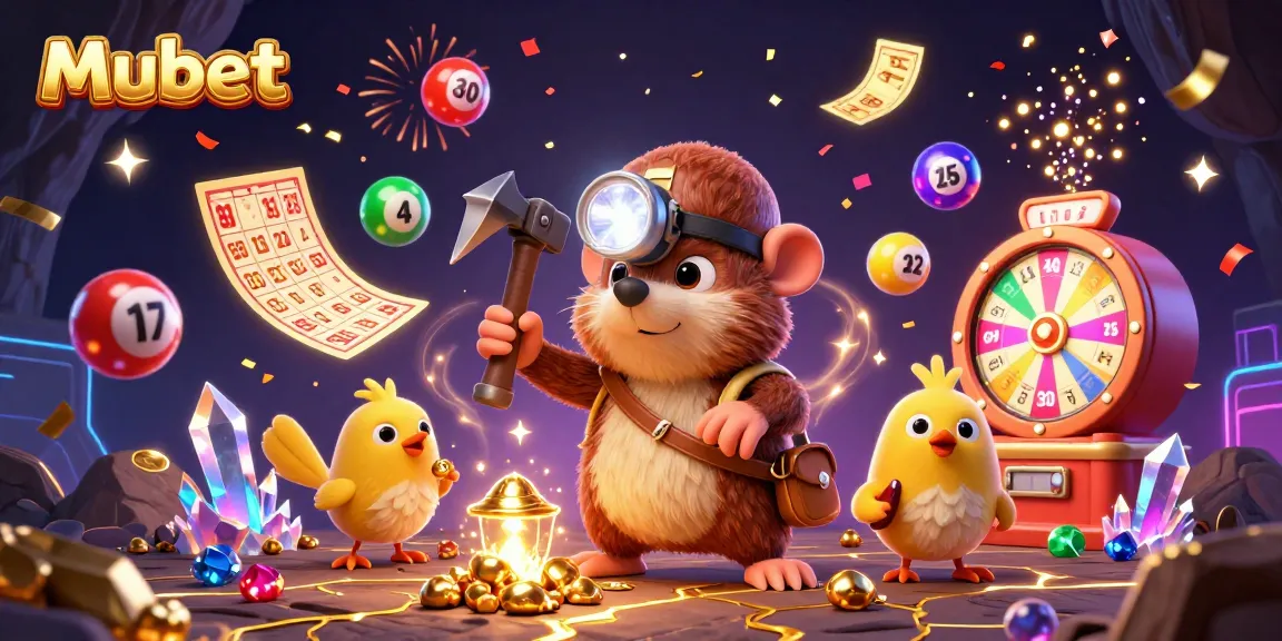 Mubet offers a vibrant lottery-themed adventure with a treasure hunter mole and colorful bouncing lottery balls.