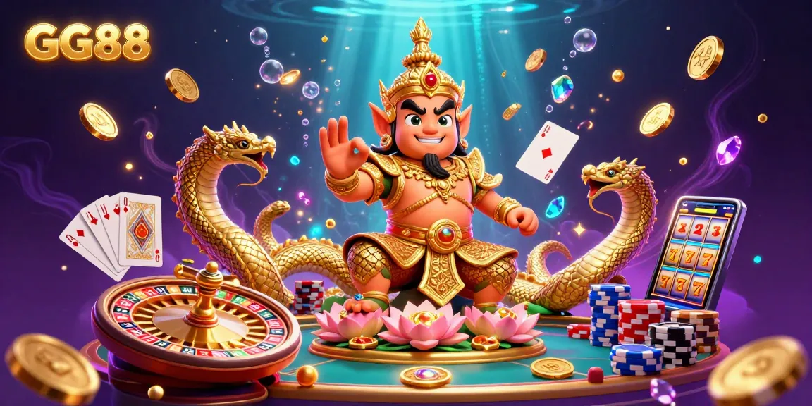 Experience thrilling gaming action with GG88, featuring a vibrant illustration of guardian characters in a dynamic casino scene.