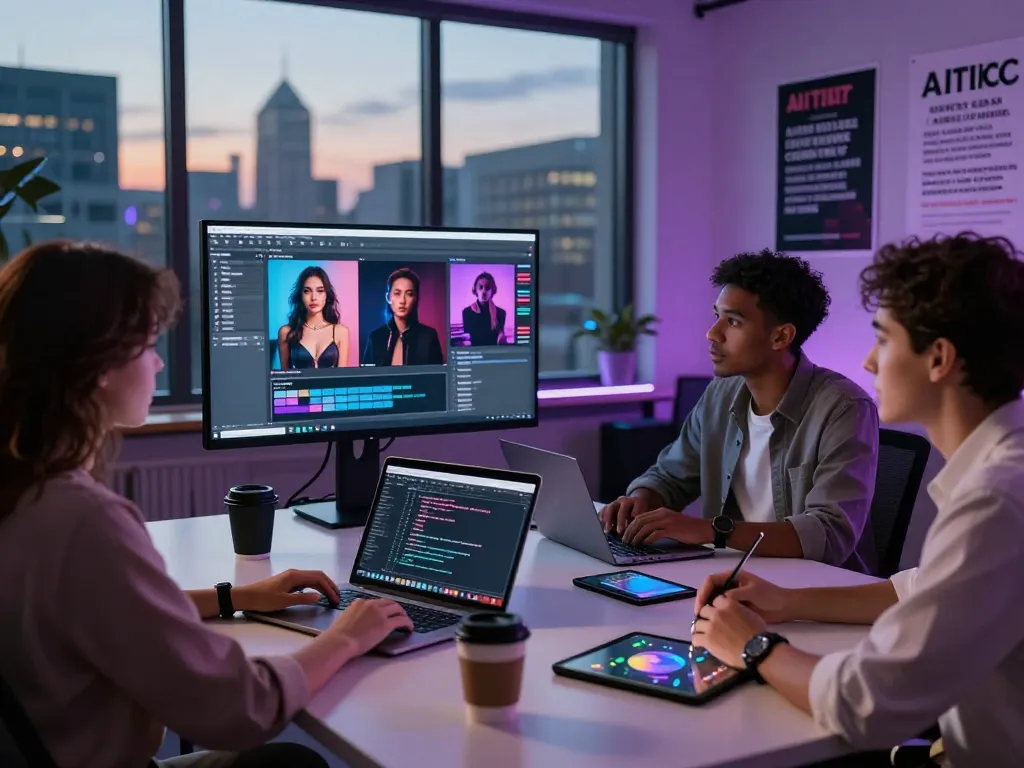 Collaborators discussing AI porn innovations in a modern digital workspace