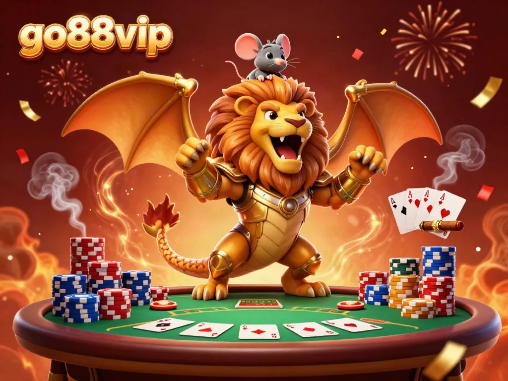 Experience the excitement of go88vip with a vibrant 3D casino scene featuring a chimera and poker elements.