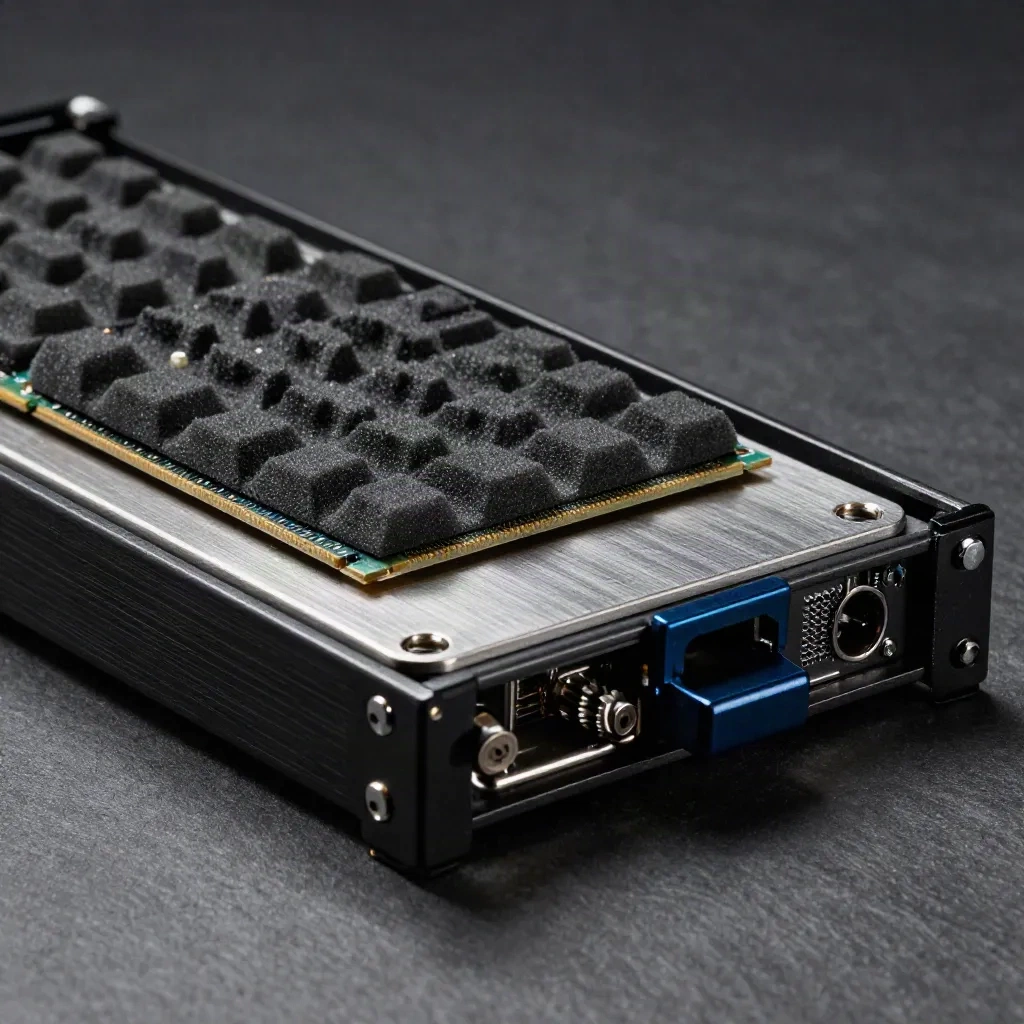 Otevřený rackový SSD sled, torx bit a antistatická pěna na kovové polici.