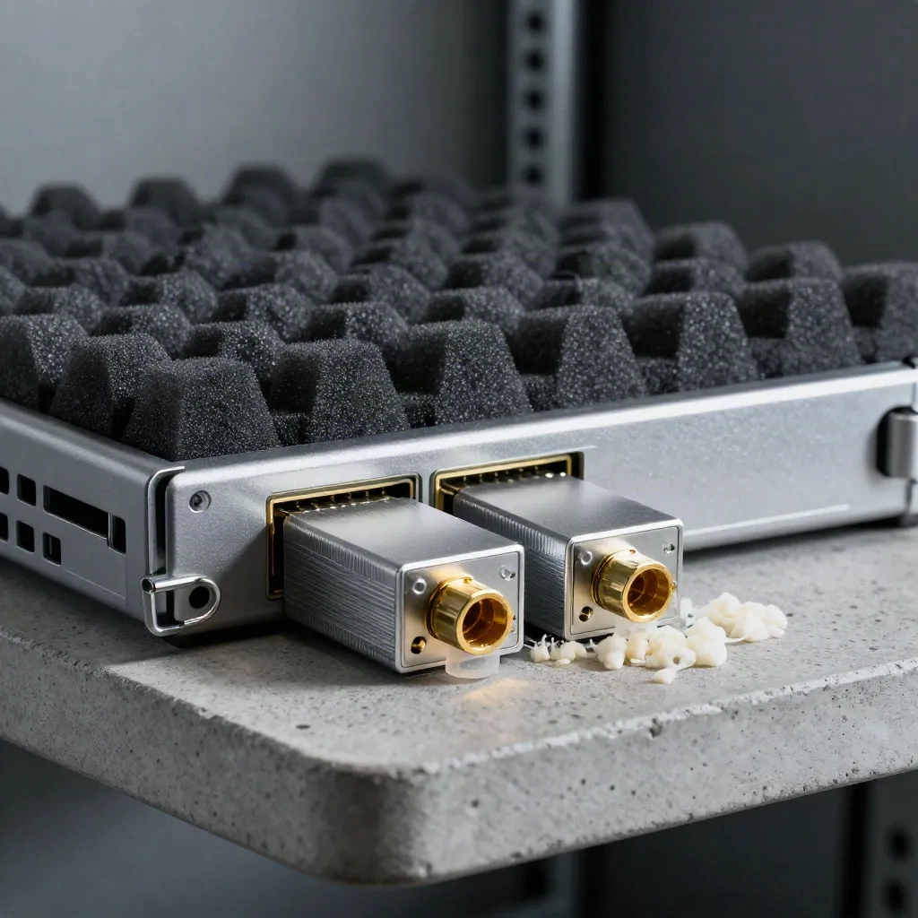 Optické transceivery a diskový carrier v antistatické pěně na betonové polici.